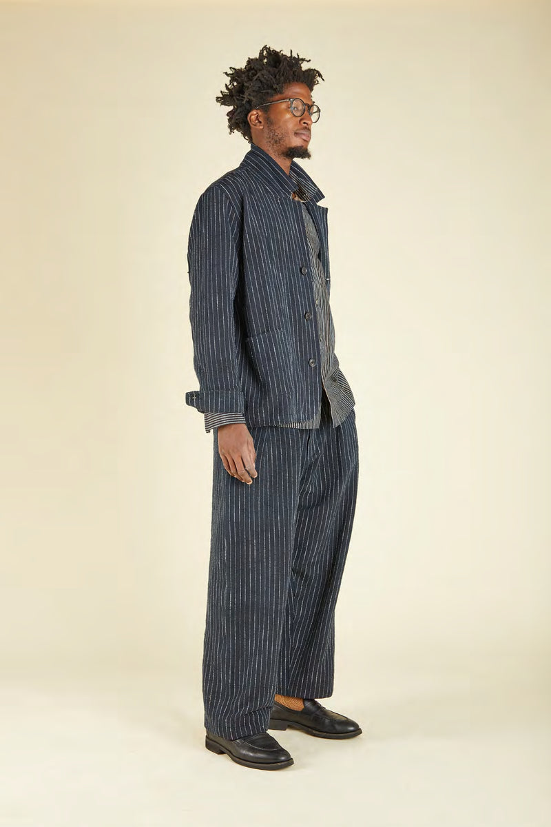 INDI+ASH】STUDY JACKET - Handwoven Ticking Stripe - Dark Indigo