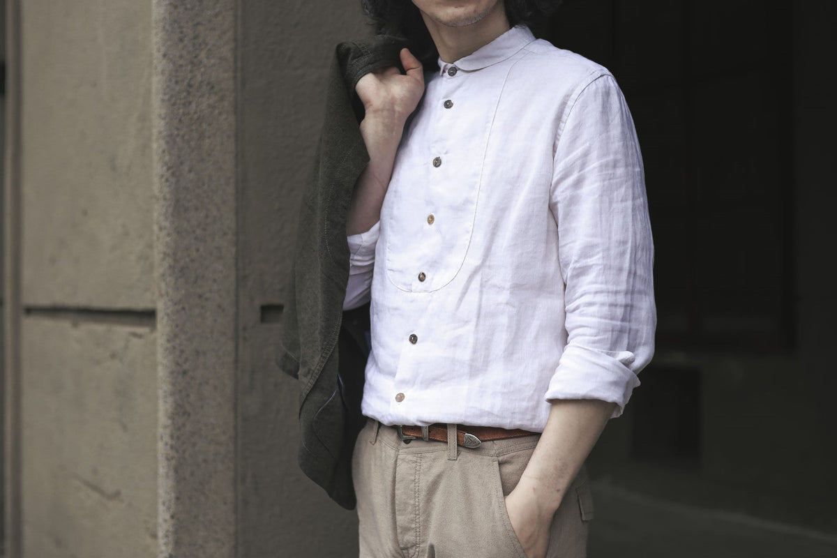 Scarti-Lab】Linen Woven Man Work Shirt White 337 SV437 – Blue