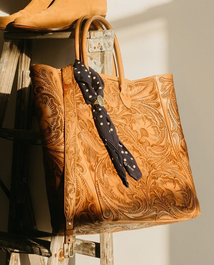 WYTHE】Cognac Western Tooled Leather Bag Medium – Blue Beach Denim