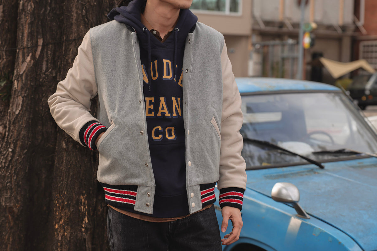 Dehen 1920】Varsity Jacket Grey／Milk – Blue Beach Denim