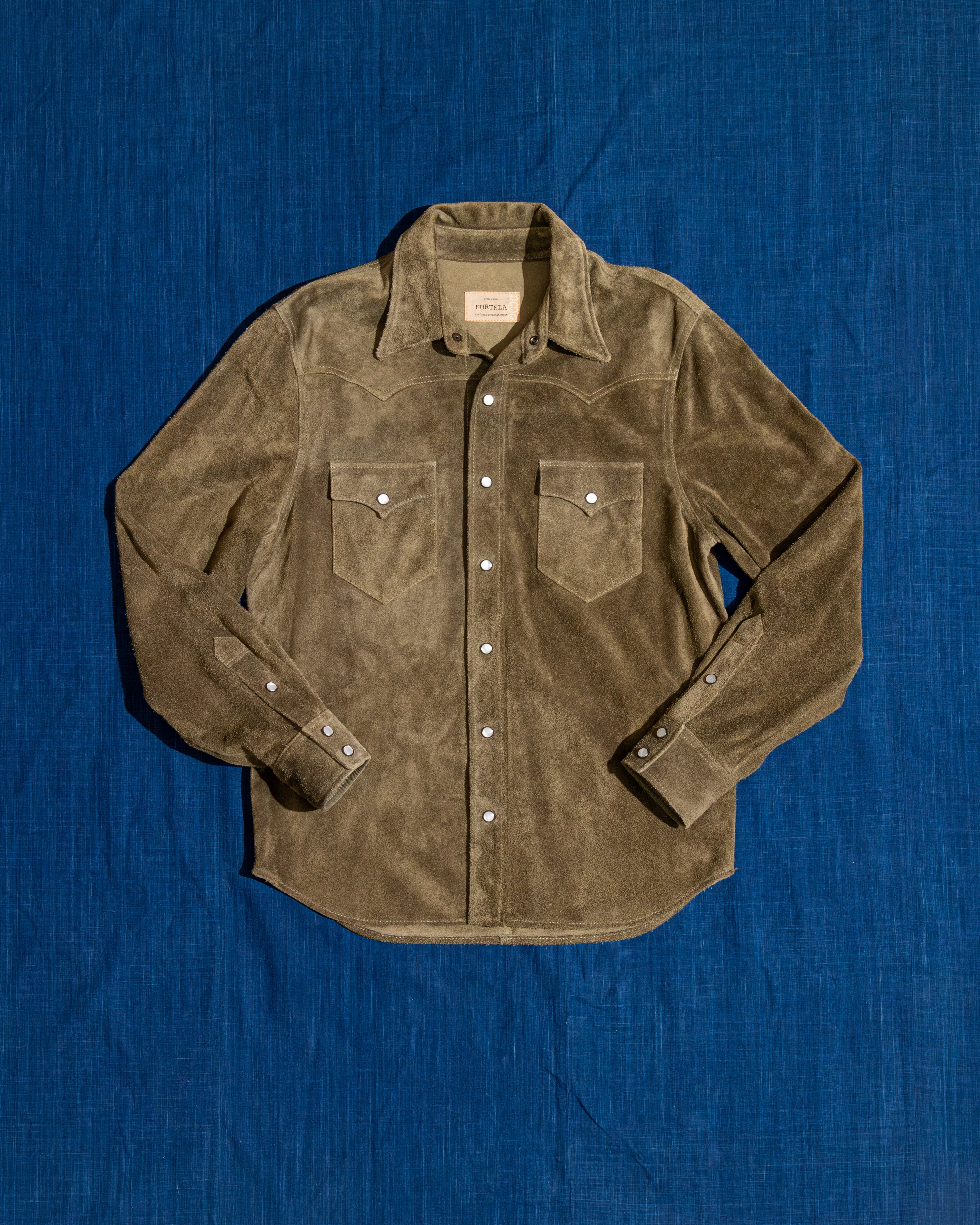 Fortela】Ranch Texan Green Suede Western Leather Shirt – Blue