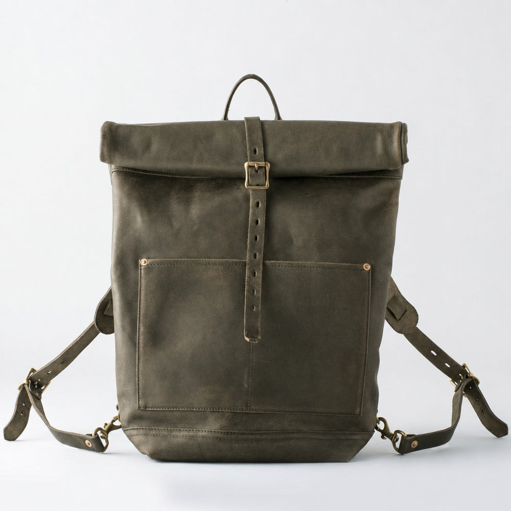 【VASCO】Leather Roll Top Rucksack Olive 植鞣牛皮捲蓋式後背包橄欖綠