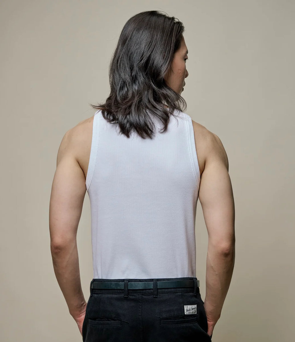 【Merz b. Schwanen】Iconic Ribbed Cotton Tank Top White – Blue Beach Denim