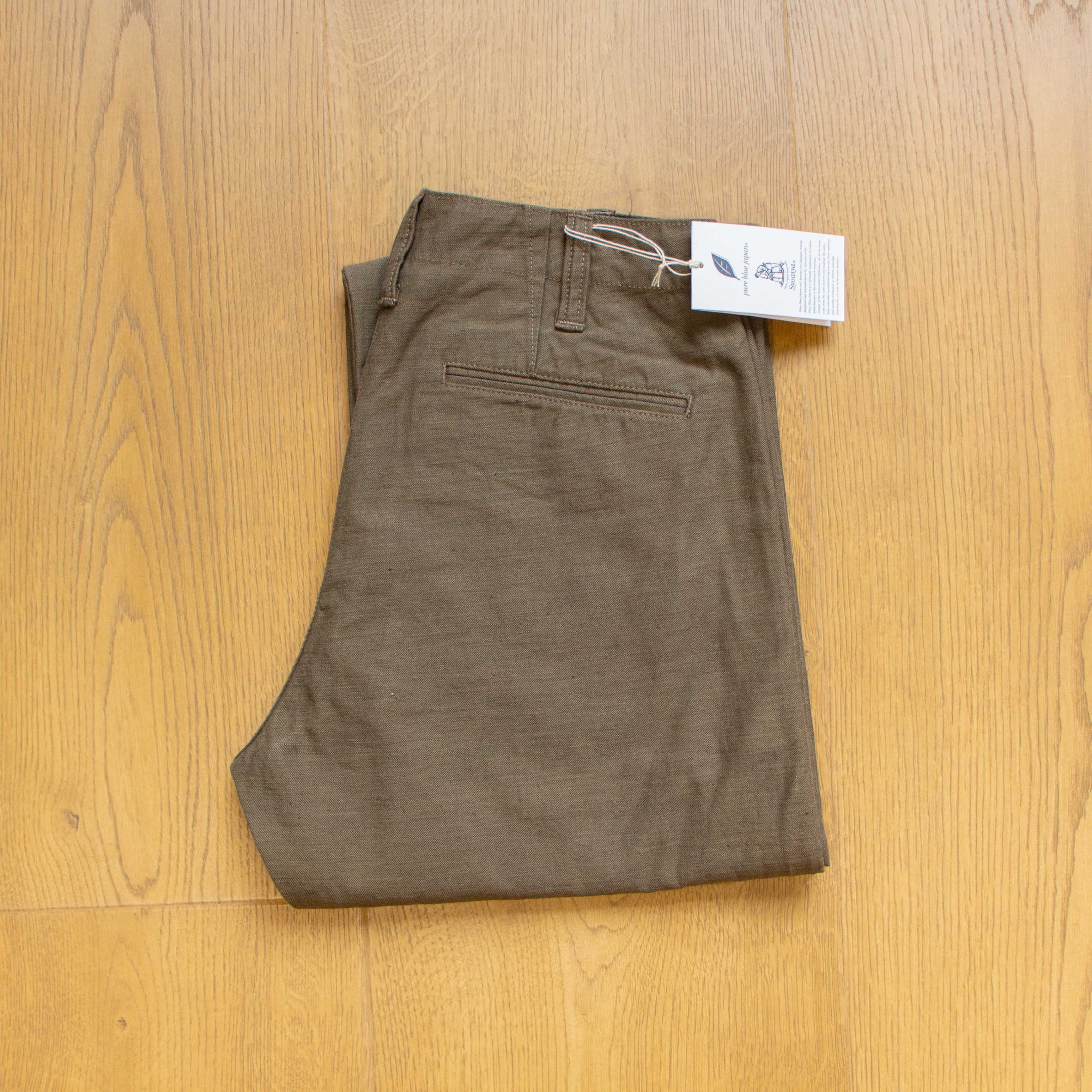 Pure Blue Japan】Sulphur Dyed Back Satin Trousers in Olive Khaki