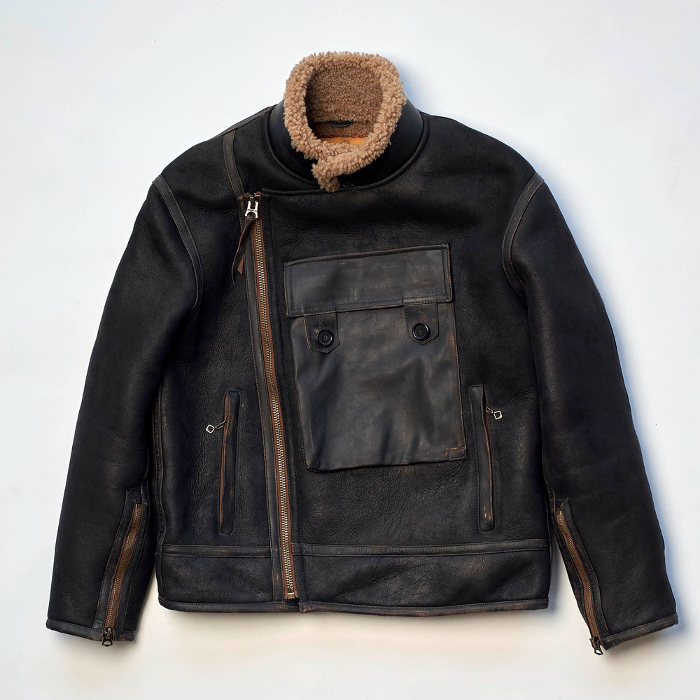 Shangri-La Heritage “Swedish” Vintage Black Motorcycle Shearling Jacket