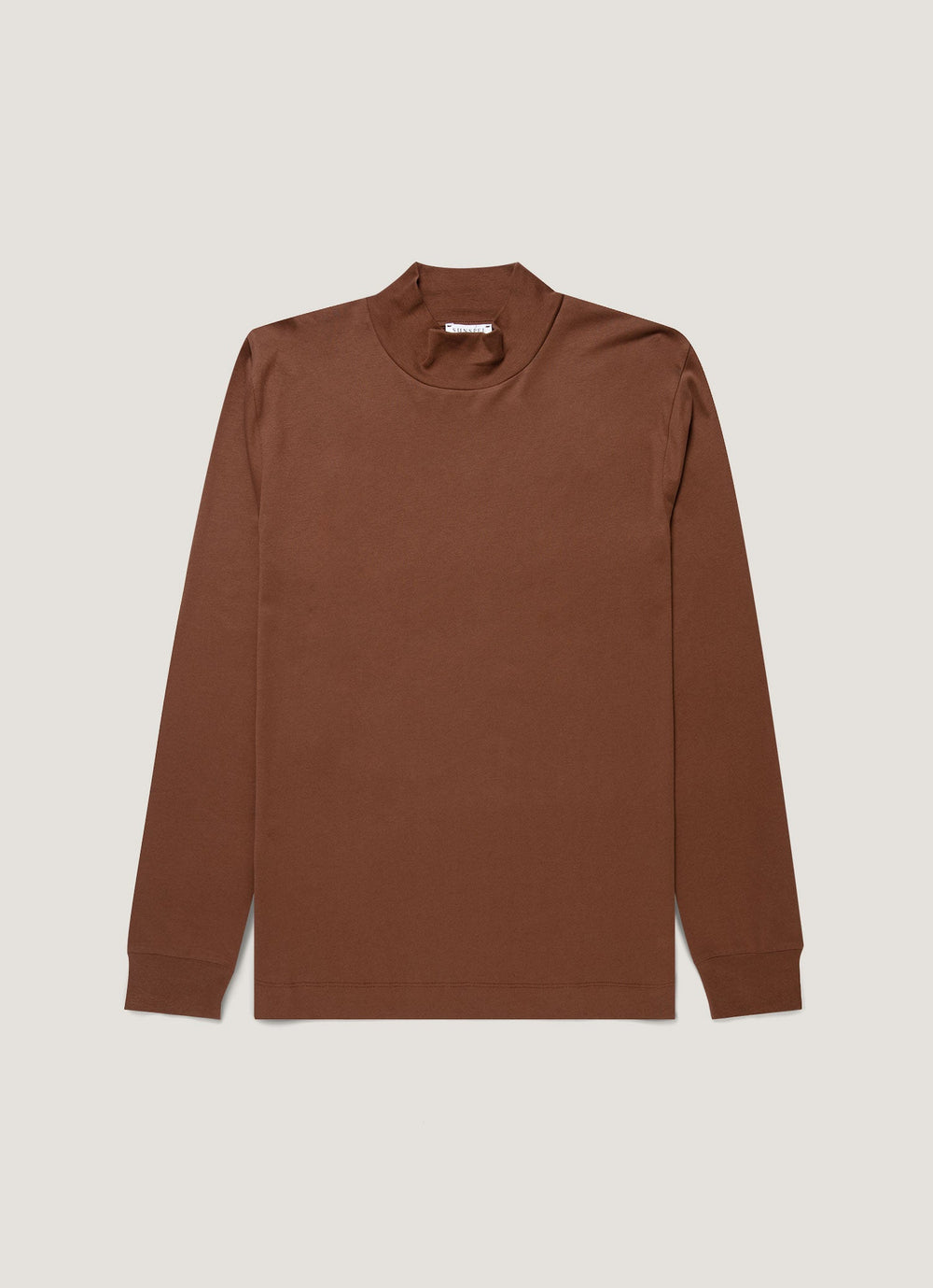 Sunspel LS Brushed Mock Neck T-Shirt - Chestnut