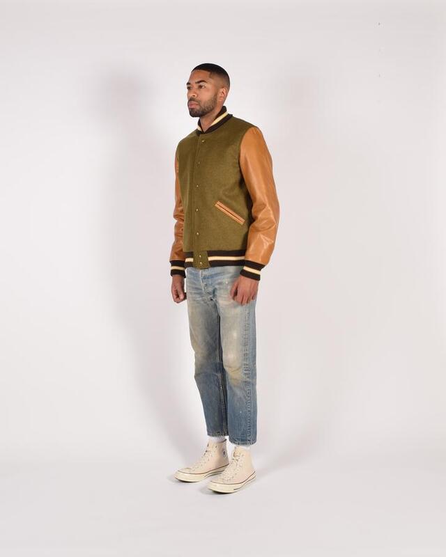 Dehen 1920 Varsity Jacket - Olive Mix / Rust, Leather Jackets