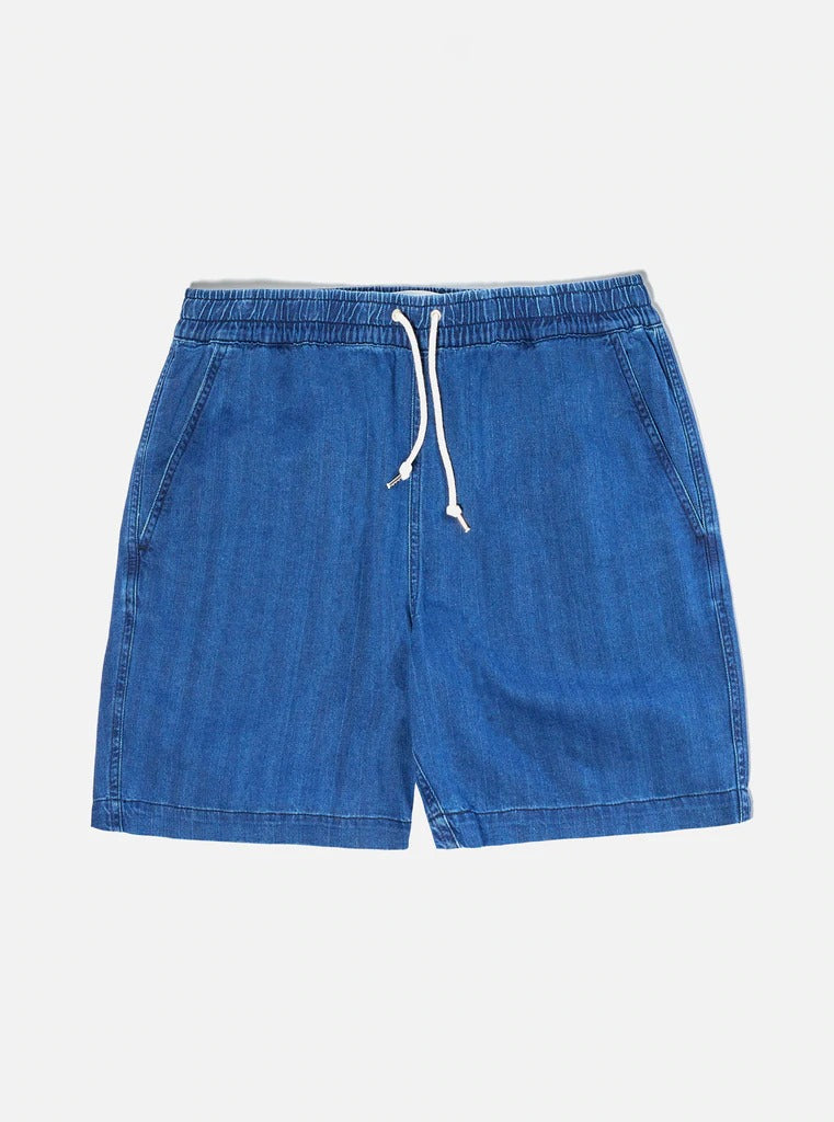 【Universal Works】Beach Short In Washed Indigo Herringbone Denim