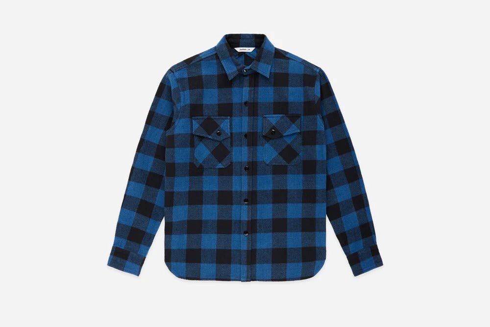 【3sixteen】Crosscut Flannel - Indigo Buffalo Plaid / 特殊剪裁厚磅法蘭絨襯衫 藍染 - Blue Beach Denim