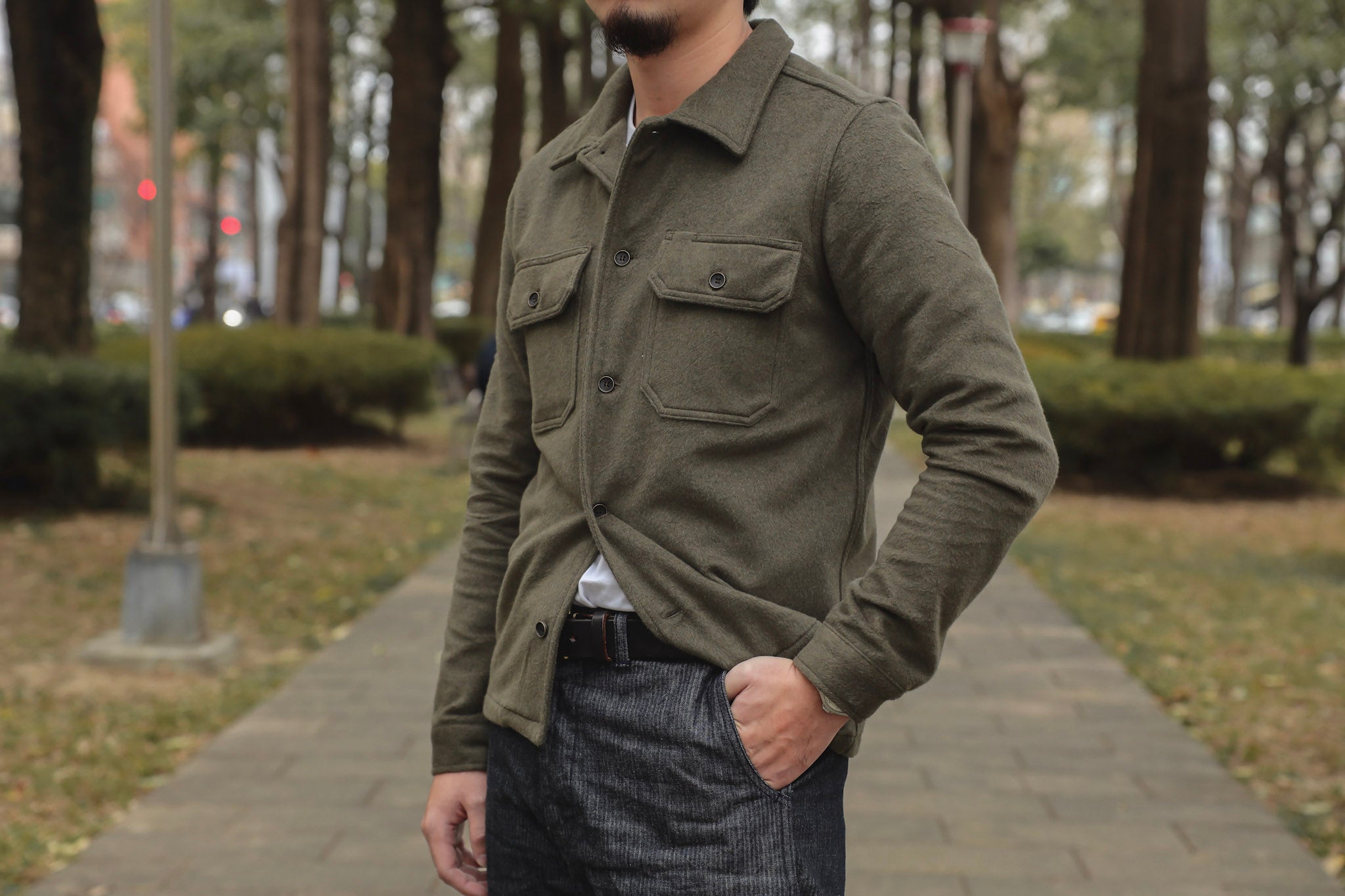 Naked and FamousWork Shirt Cotton Melton Shirt Green Blue Beach Denim Naked and FamousWork Shirt Cotton Melton Shirt Green Blue Beach Denim