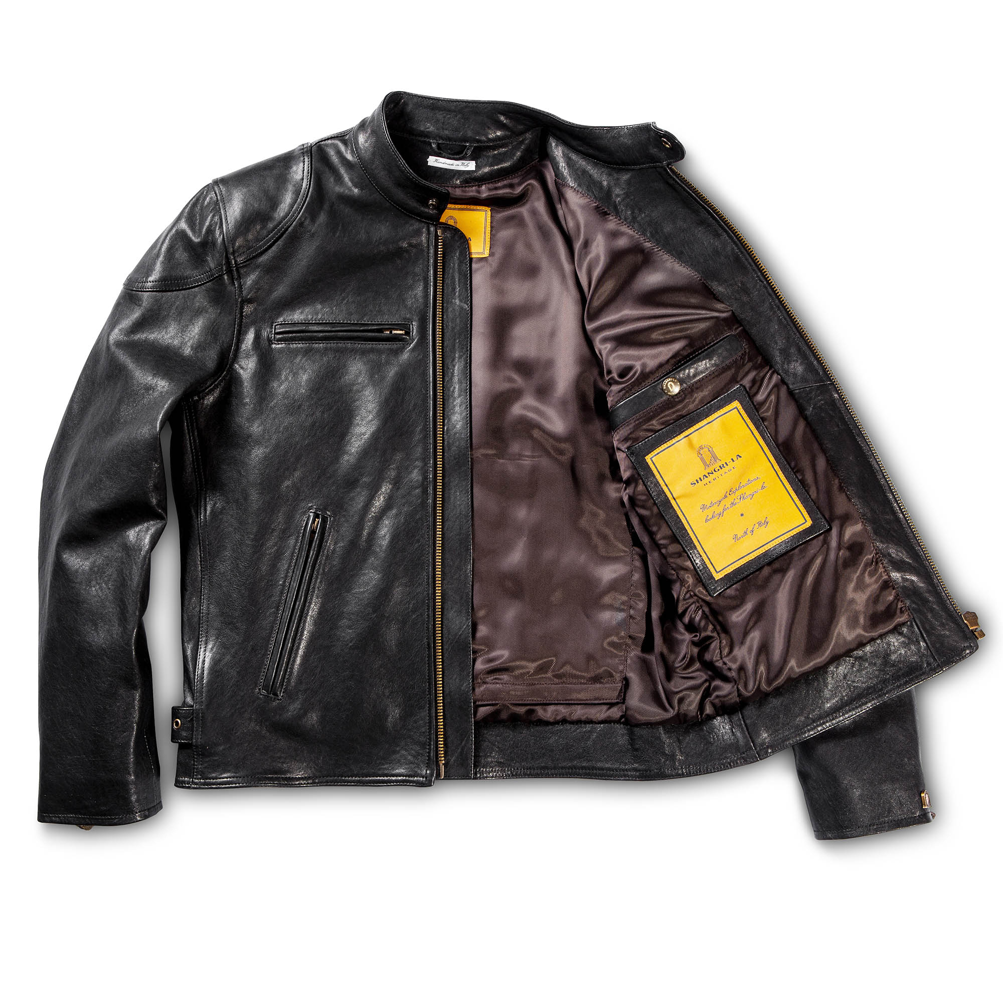 Shangri La Heritage Caf Racer Black Leather Jacket Blue